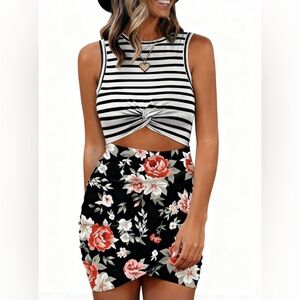 Floral & Black Striped Twist Front Cutout Bodycon Dress